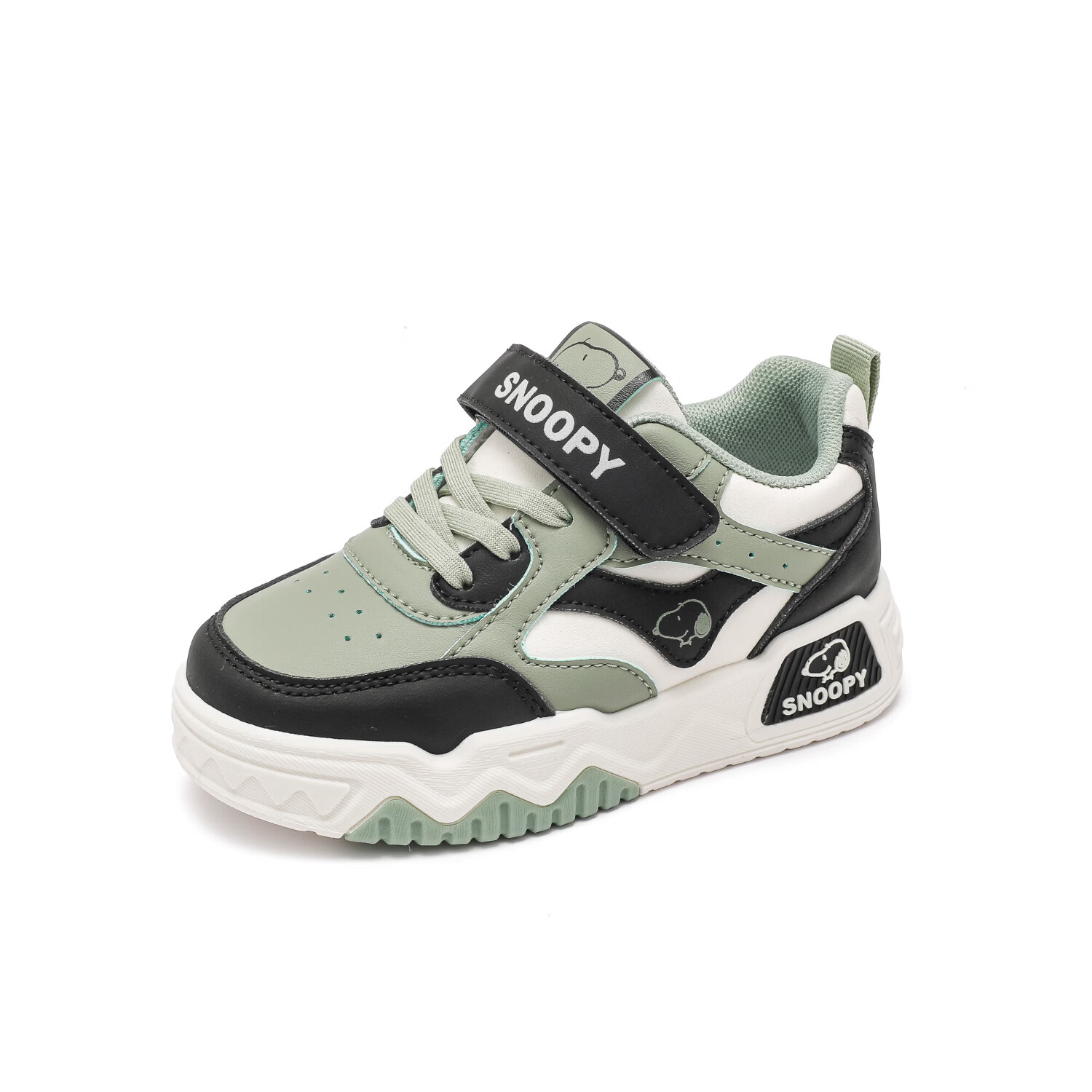 史努比童鞋女童板鞋低帮高颜值皮面防水2026春季新款休闲百搭儿童运动鞋 黑/绿 38 内长24.3/脚长23.3