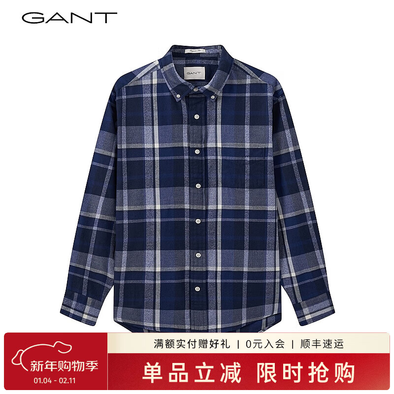 GANT【亚洲版型】甘特春季新款法兰绒格纹翻领舒适百搭复古男衬衫 410海军蓝 L