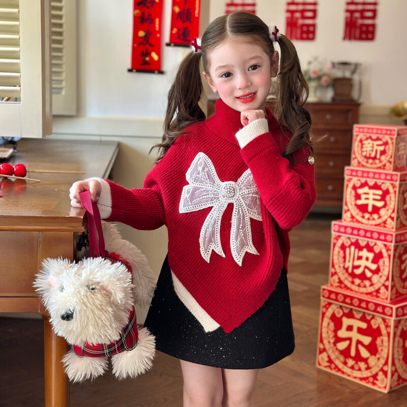 栀了成长记童装女童韩版高领毛衣2025冬季儿童红色假两件针织上衣 红色 毛衣 100 cm