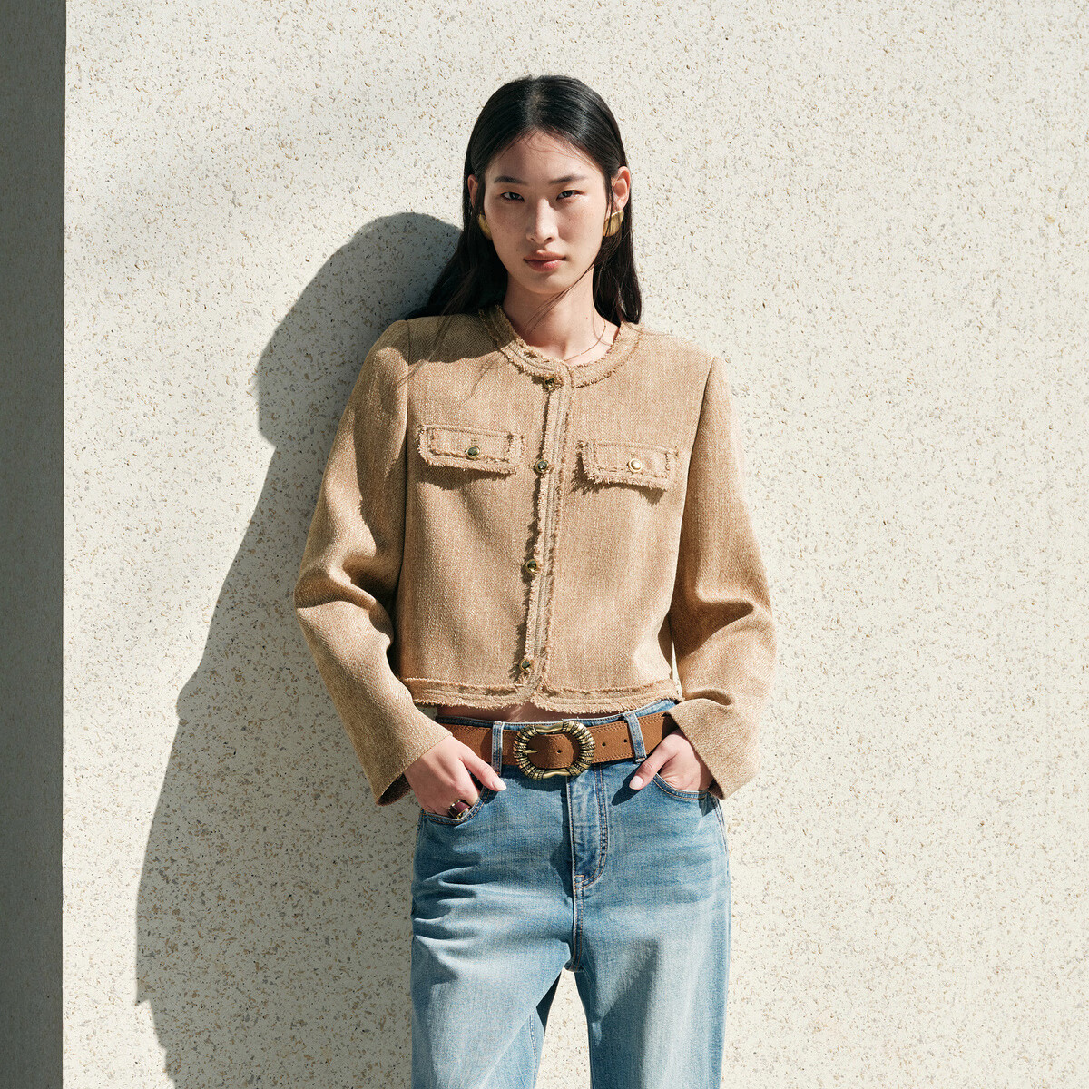 太平鸟拉毛流苏雪尼尔小香风外套圆领正肩短款箱型通勤显瘦外衣女 棕色 M 160