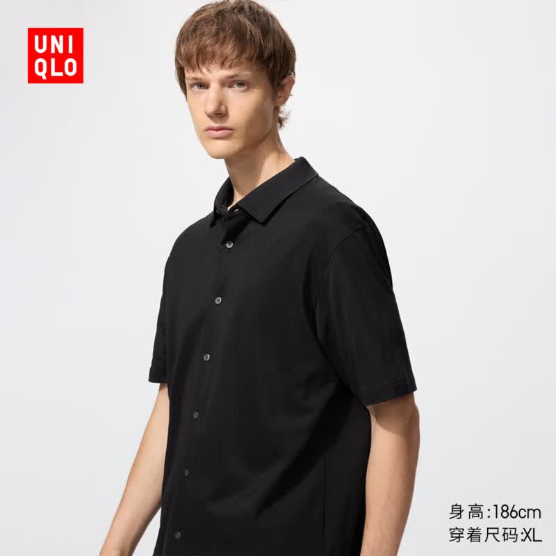 优衣库男装女装AIRism POLO开衫/短袖T恤482303 09 黑色 L