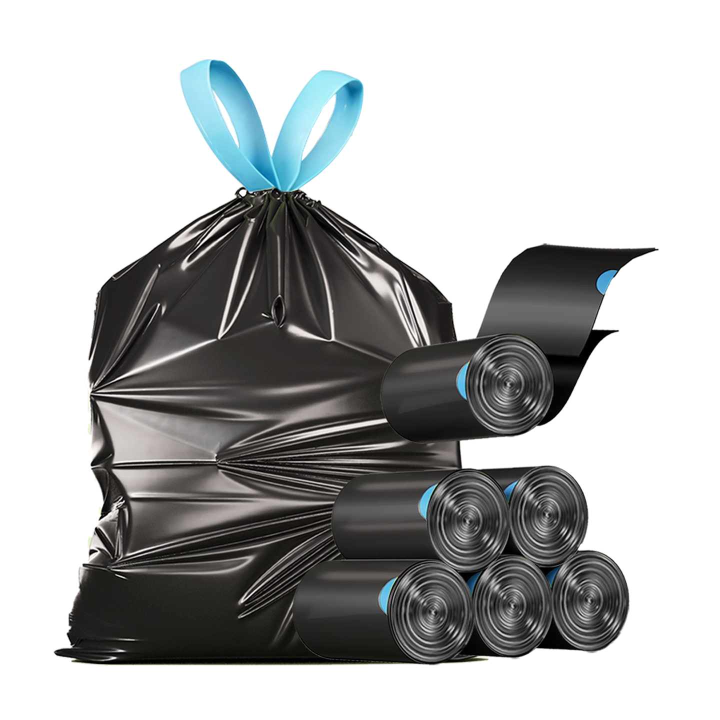 知洁抽绳垃圾袋黑蓝45*50cm100只单面1.2丝家用手提穿绳免撕加厚塑料