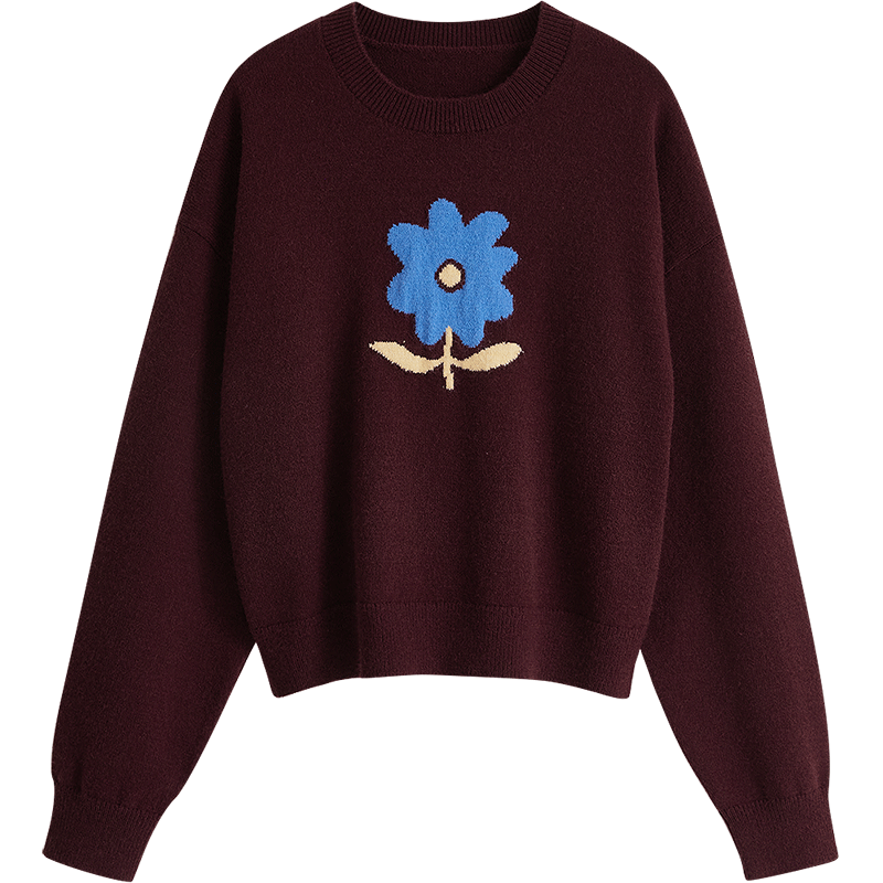 初語(yǔ)【插畫(huà)師聯(lián)名】花朵提花針織衫女2024年秋冬新款寬松柔暖毛衣 安可拉紅 S