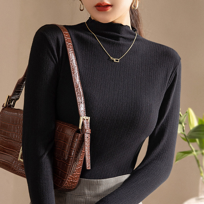 都市丽人半高领修身针织内搭长袖打底衫女洋气木耳边百搭上衣秋冬季 浅棕色 均码