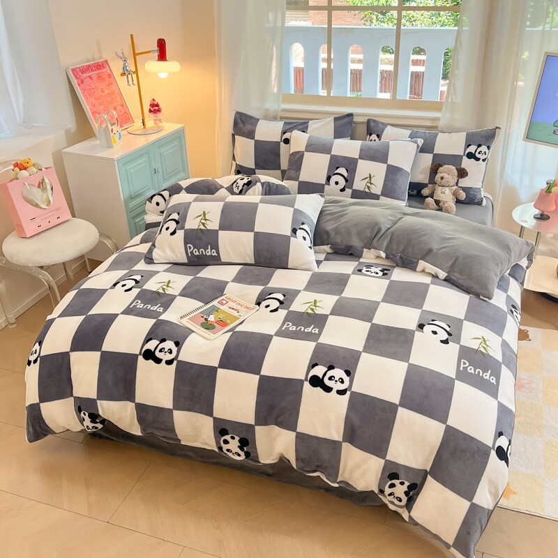 雅鹿冬季亲肤透气牛奶绒印花四件套 熊猫滚滚-灰 1.8m四件套 床单款 （被套200*230cm）