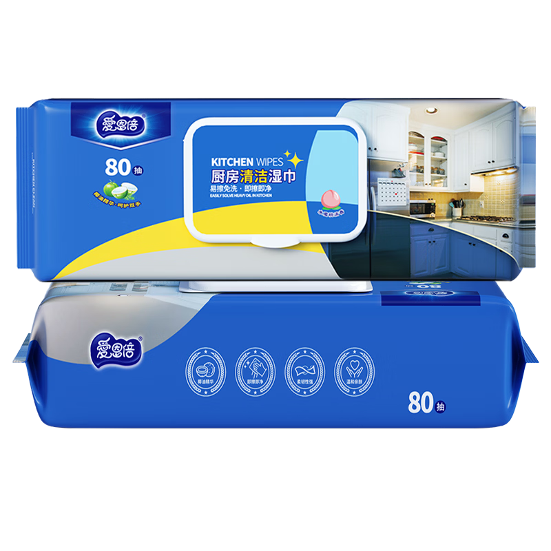 爱恩倍厨房湿巾80片*1包强力去油污厨房纸加大加厚一次性抹布油烟机清洁