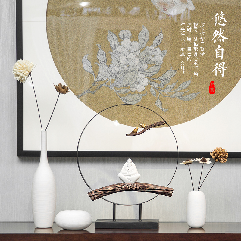 初见新中式禅意摆件工艺品铁艺室内客厅玄关酒柜装饰品电视柜现代简约摆设 悠然自得摆件+条纹花瓶(送花艺套餐)