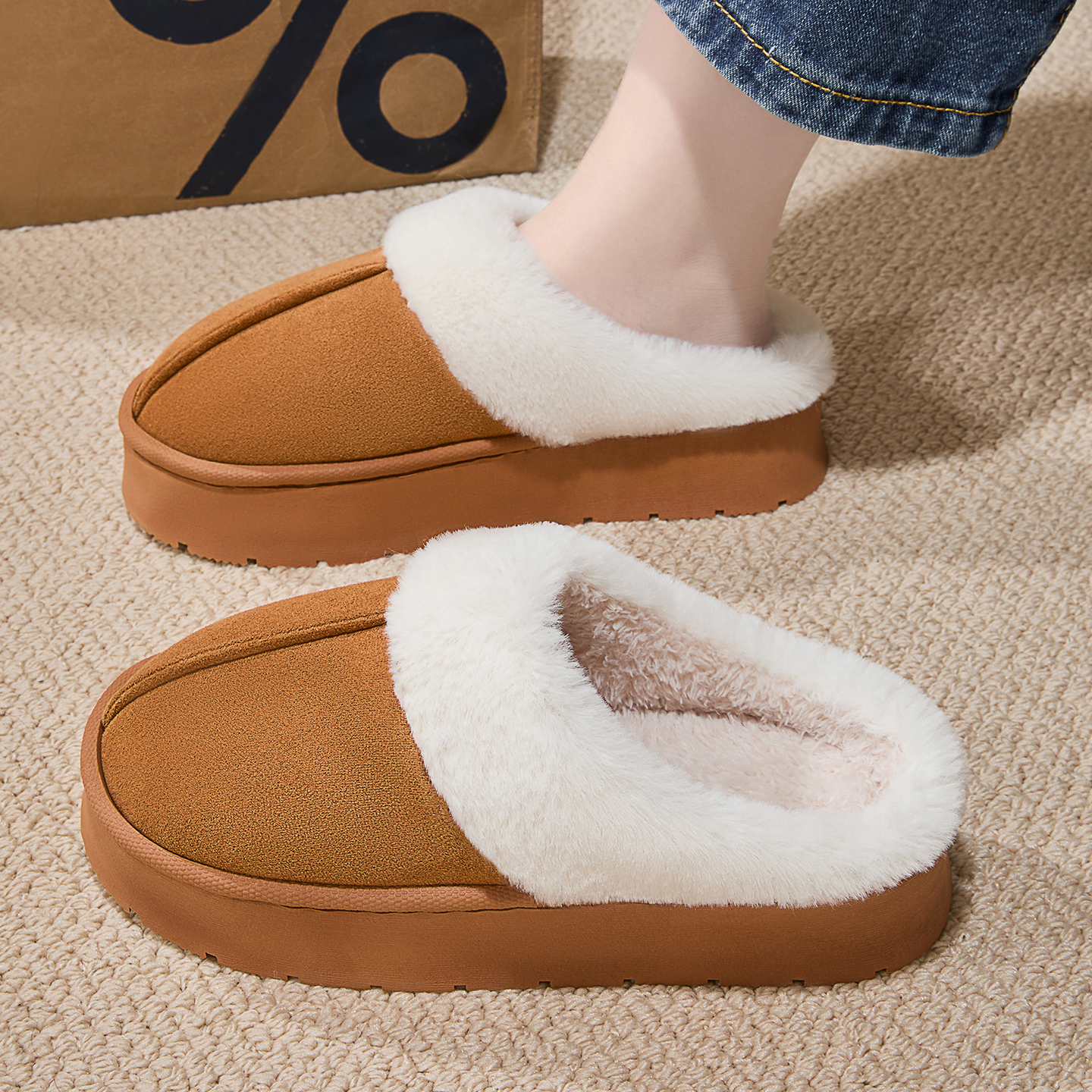 利达妮（TZLDN）厚底棉拖鞋女冬季保暖防滑家居家用室内月子鞋时尚毛毛棉鞋男冬天 款式一 38-39 (适合37-38码)