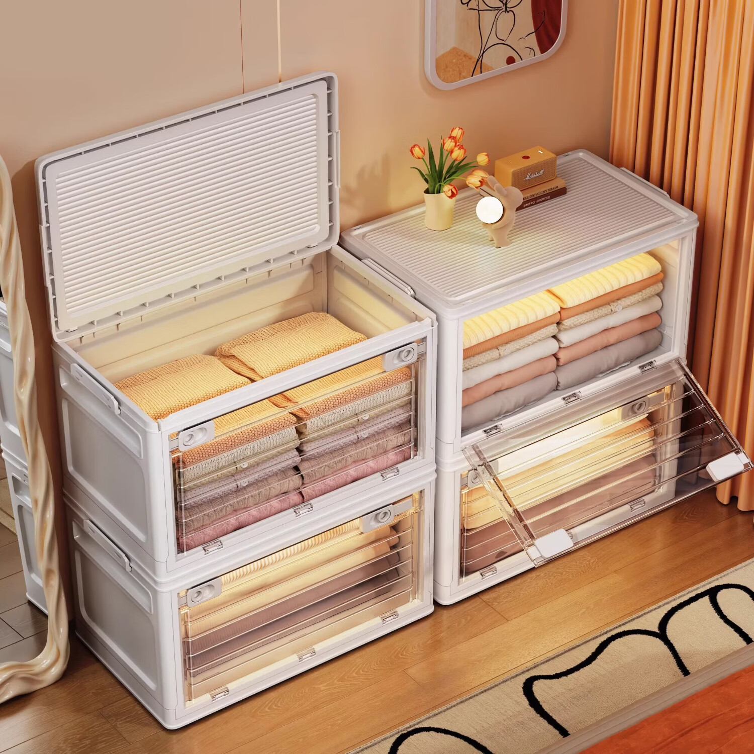 吱凡日本衣服收纳箱大容量家用衣服物收纳柜可折叠储物柜被子整理箱子 【实色款】加大号【双开门/带滑轮】 2个装【0异味/破损包赔】