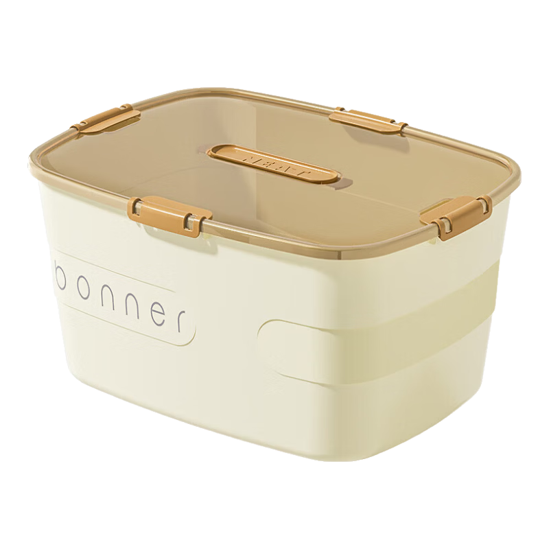 收纳箱桌面大容量带盖杂物储物盒衣服塑料整理箱家用收纳筐玩具 【中号】 34*25*15cm 1个装 奶白色