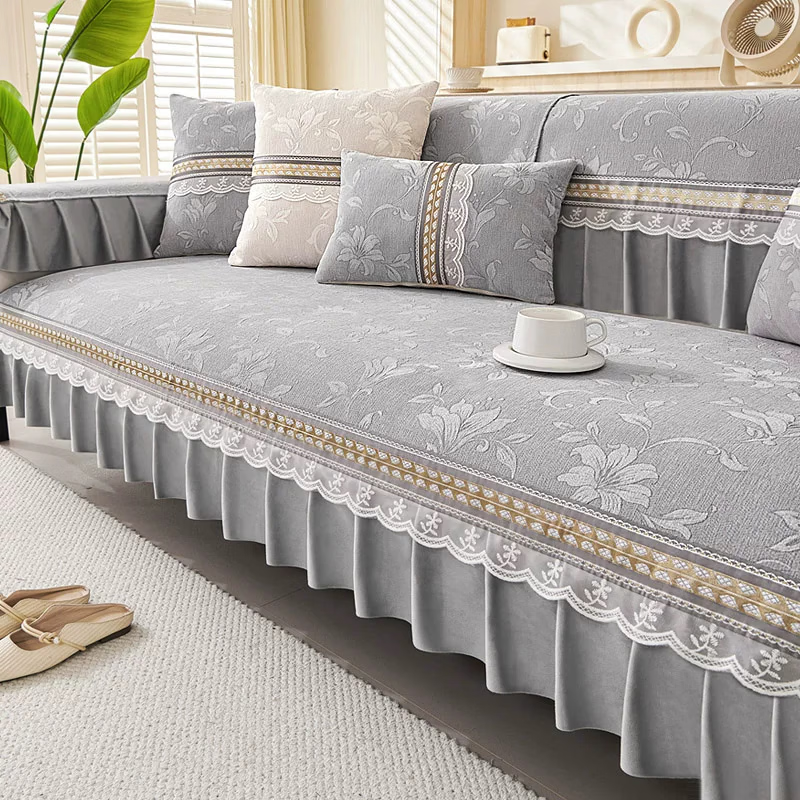 诸匠仕雪尼尔沙发垫轻奢高级感四季通用三座一贵妃沙发防滑坐垫套罩盖巾 花之恋-灰色 0cm 0cm 定做联系客服*