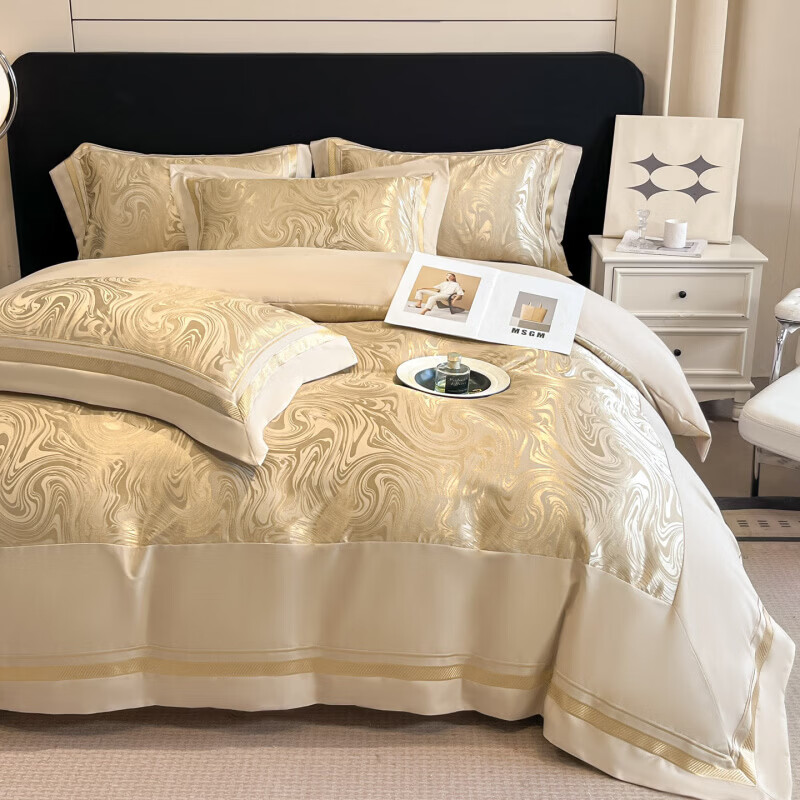 水星家纺100支床上四件套纯棉轻奢贡缎提花全棉床单纯棉被套床品 海韵-香槟 床笠款 2.0四件套-被套220x240