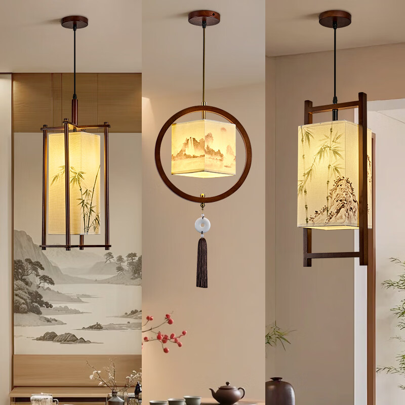 中式宋代美学小吊灯复古实木茶室书房餐厅过道走廊玄关床头吊灯 03-竹送映画【送全光谱护眼光源】 三色变光