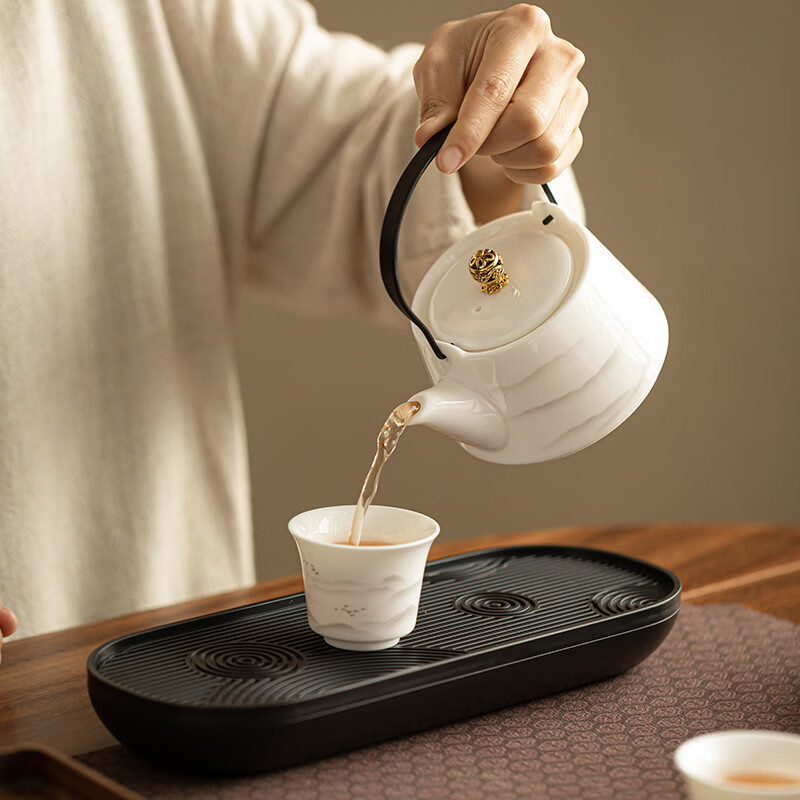 【厂家直销】羊脂玉提梁壶远山白瓷茶壶家用高档功夫茶具陶瓷泡茶 水墨山水—白瓷提梁壶 250ml