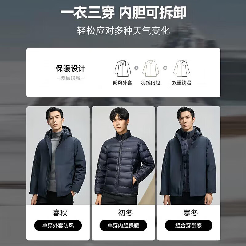 罗蒙（ROMON）【三防+一衣多穿】羽绒服男秋冬新款可拆卸内胆鹅绒加厚保暖外套 黑色 XL 180(建议135-150斤)