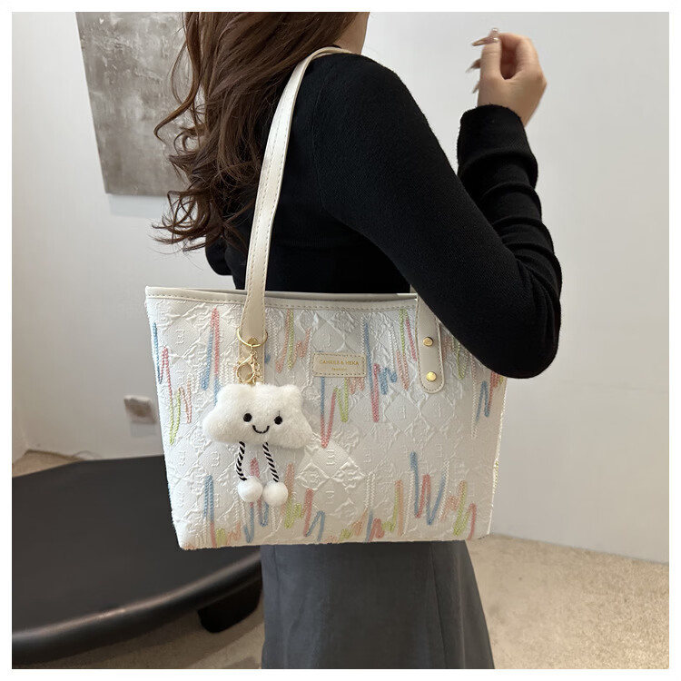 流行大容量拉链包包女2026新款简约大包可爱质感通勤托特包单肩包 蓝色带挂饰