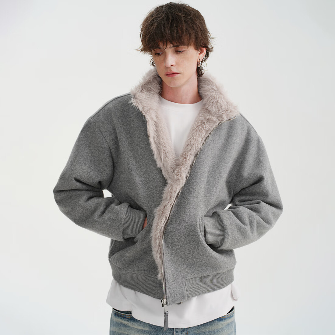 MIDASHAND2025新款座山雕棉服50羊毛仿狐狸毛双面穿内里拼毛立领夹克外套 灰色 XL (身高181-185cm)