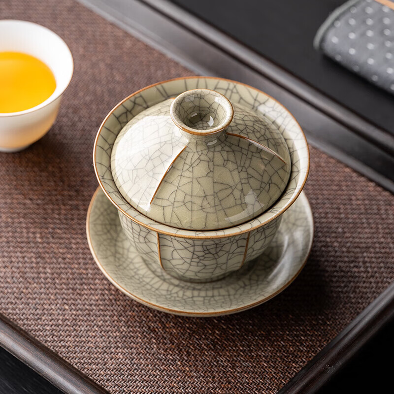 韵化【精选直发】汝窑三才盖碗开片铁线单个高档可养家用泡茶茶碗礼盒 密釉绿三才盖碗