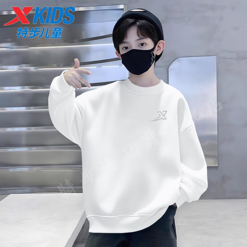 特步兒童衛(wèi)衣2025秋季新款針織圓領男童長袖T恤女童休閑套頭打底秋衣 珍珠白 【常規(guī)款】 170 cm