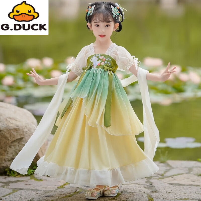 G.duck中国风儿童汉服襦裙超仙夏季连衣裙女孩公主裙儿童古风古装演出服 遥清儿童汉服连衣裙(收藏送礼品) 120