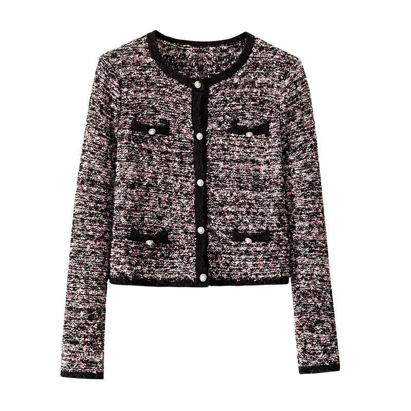 banana cici2026年春季新款小香风短款粗花呢圆领针织开衫外套C2S1MY539 黑色 L