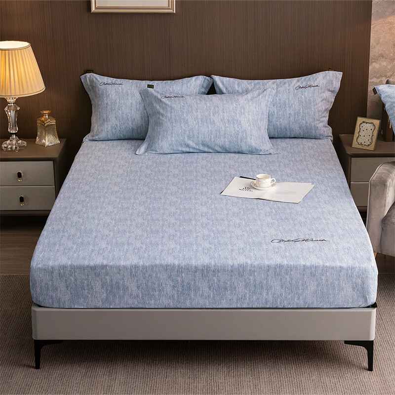 ROLAND LIVE棉天丝纯色刺绣床笠单件单双人床裸睡床垫保护罩席梦思垫保护套 CW 棉天丝床笠单件-宝绮蓝 单床笠90*200cm+15cm