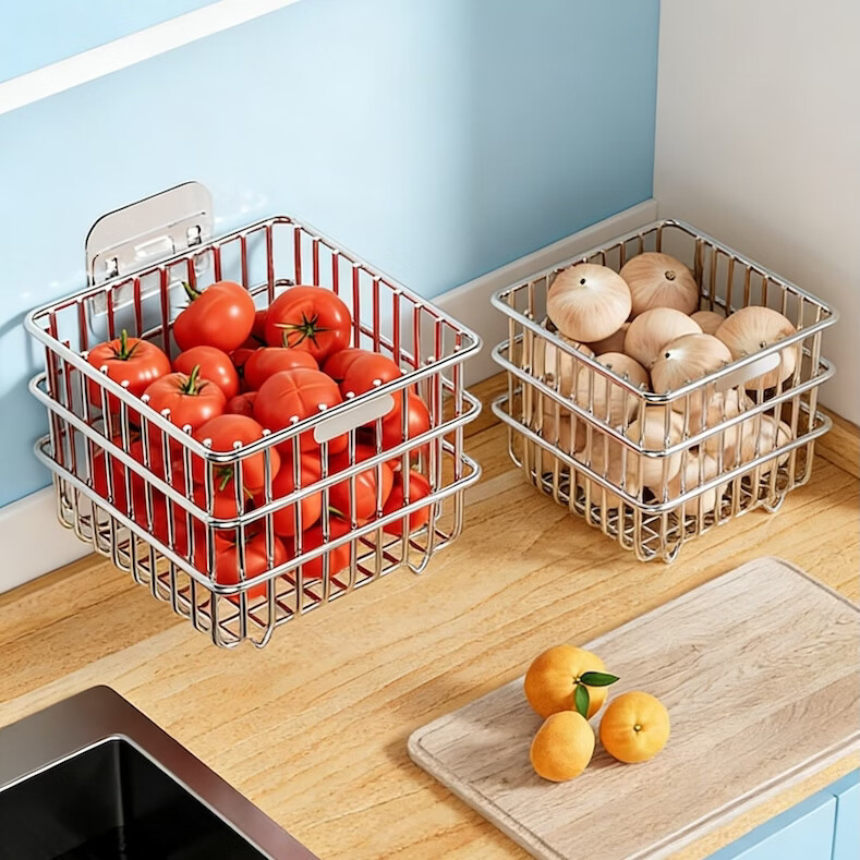 收纳筐置物筐沥水篮方形菜篮篮子收纳菜篮子收纳盒收纳篮果篮挂篮 不锈钢收纳篮-小号 11.5*11.5*10cm 1个