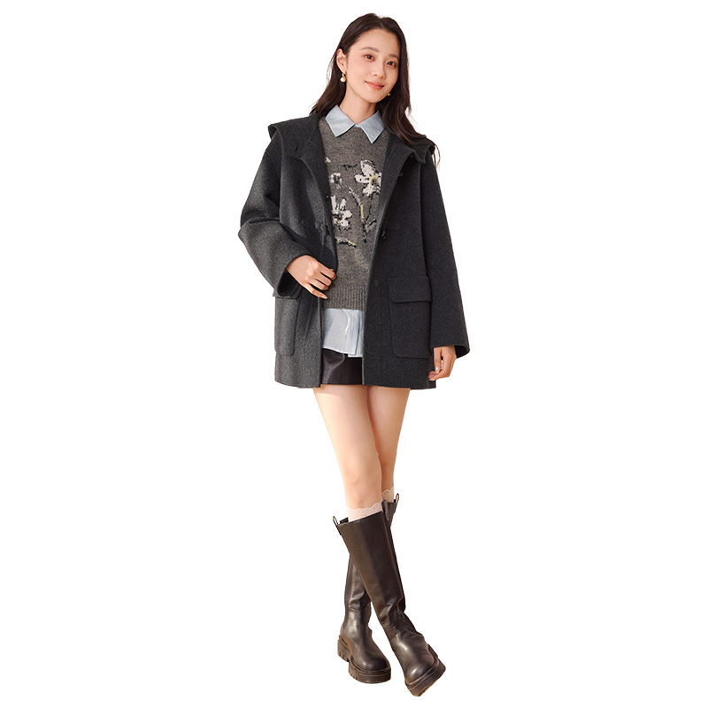 香影（xiangying）香影牛角扣雙面呢羊毛大衣女2025冬季新款中長(zhǎng)款灰色連帽毛呢外套