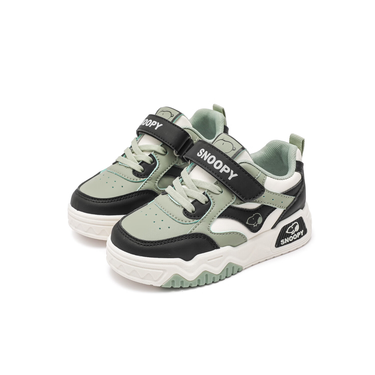 史努比童鞋女童板鞋低帮高颜值皮面防水2026春季新款休闲百搭儿童运动鞋 黑/绿 38 内长24.3/脚长23.3