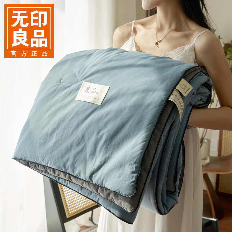 无印良品A类纯棉水洗棉大豆纤维夏被空调被夏凉被四件套单双人 嵌绳-宾利蓝 【单夏被】150*200cm