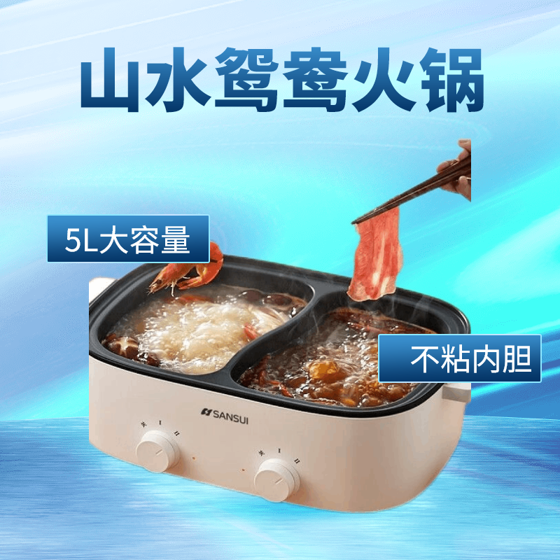 山水（SANSUI）日本品牌鸳鸯火锅电火锅2-4人家用鸳鸯锅5L大容量一体成型多功能锅电煮锅自动断电小电锅分区控温宿舍电热锅 5L（2-4人） 1600W鸳鸯锅