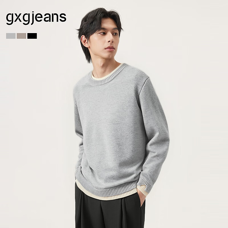 gxgjeans男装 假两件休闲时尚打底圆领毛衣针织衫 25年冬新品 灰色 L (175)