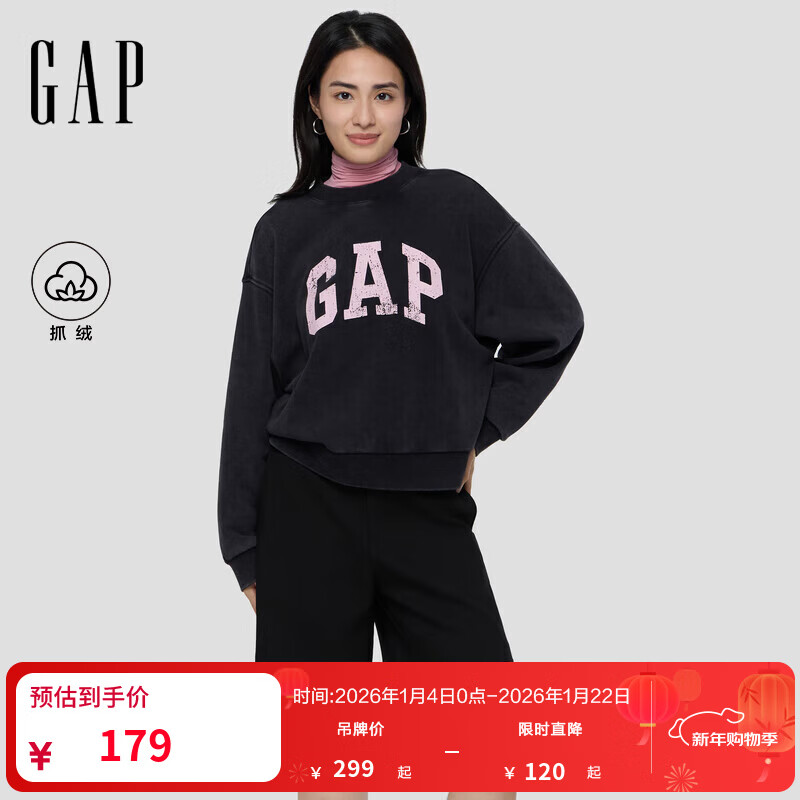 GAP女装2025秋季新款印花logo宽松蝙蝠袖抓绒圆领卫衣上衣792502 黑色 M (165/88A)亚洲尺码