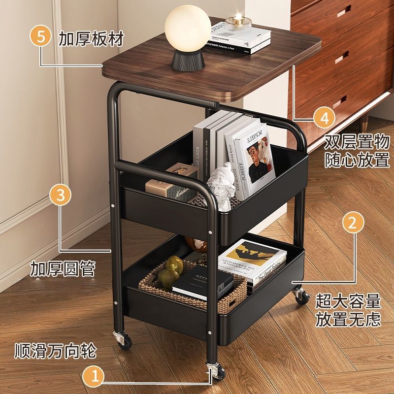 简友探小推车床头柜可移动边几零食收纳置物架家用落地床边茶几桌子客厅 经典黑 三层碳钢加粗加厚【送万向轮】