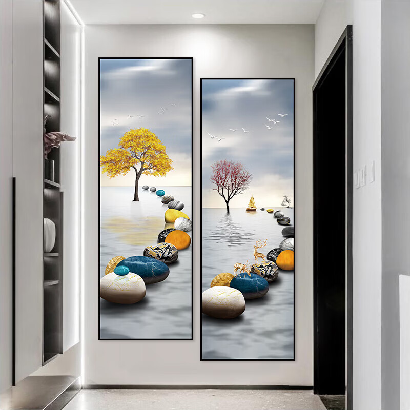 流水生财玄关装饰画入户走廊过道贴画客厅壁画现代简约立体自粘画 38.流水生财 宽80cm-高240cm