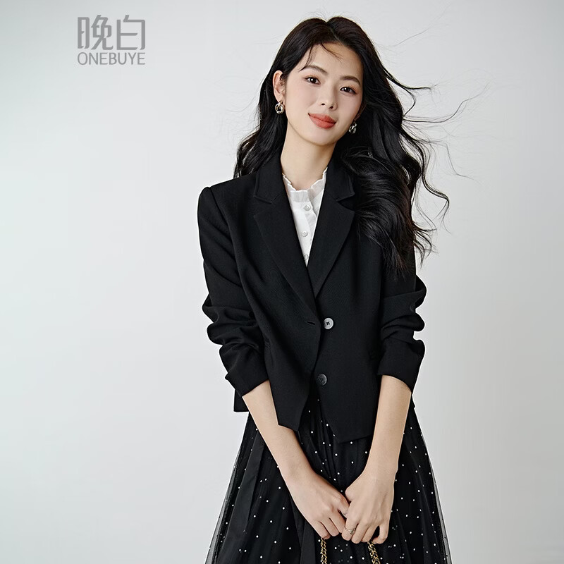 晚白【新品】2026年春款miu系经典西装廓形利落干练正式场合短外套女 黑色 S