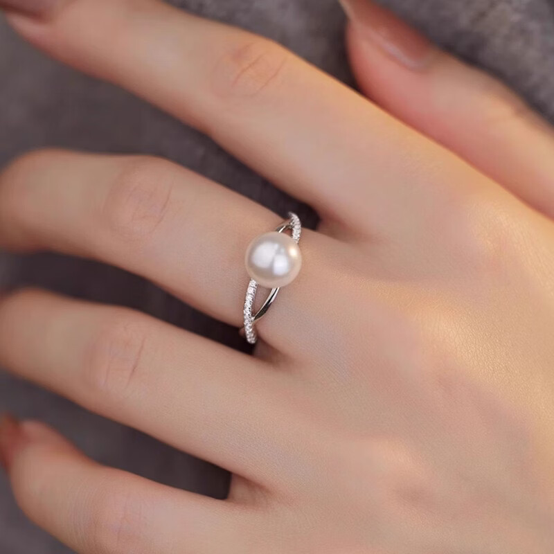 花饰庄园轻奢小众正圆仿珍珠戒指女ins交叉设计简约叠戴开口指环 白金色