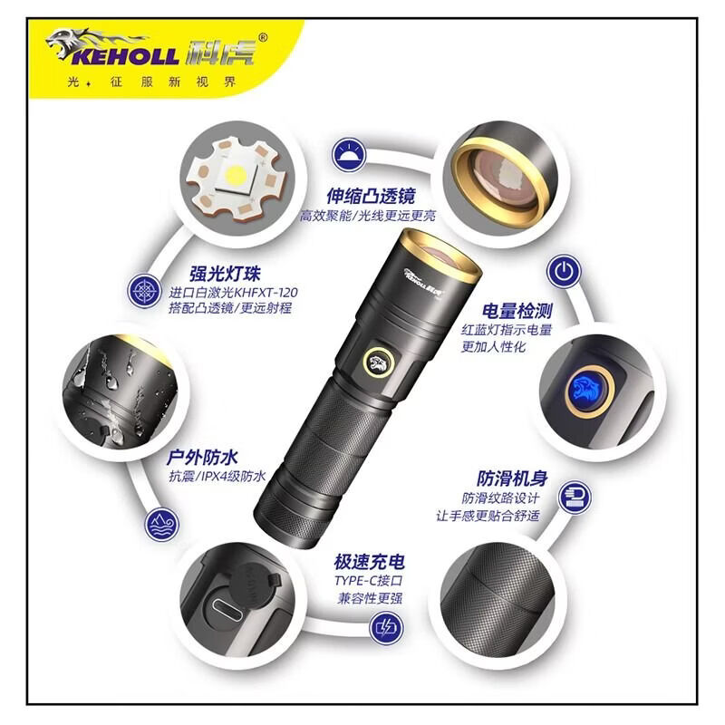 科虎DS60超亮手电筒强光远射可充电便携式户外家用伸缩变焦长续航 DS60灰金【锂电池*2】