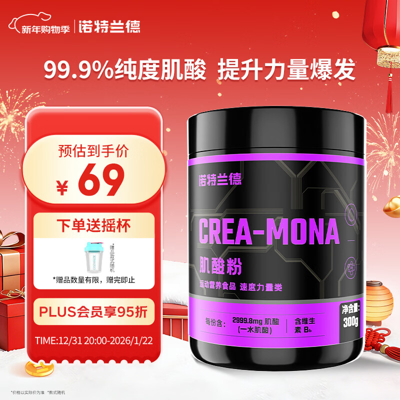 诺特兰德肌酸粉 99.9%高纯度一水肌酸 健身运动补剂300g（100份用量）