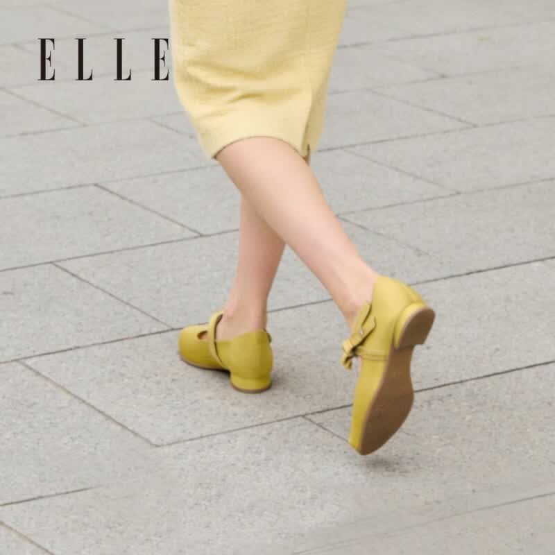 ELLE玛丽珍女鞋单鞋芭蕾舞鞋春季新款法式百搭一字带鞋子 柠芭色 跟高2cm 35 (225mm) 标准码