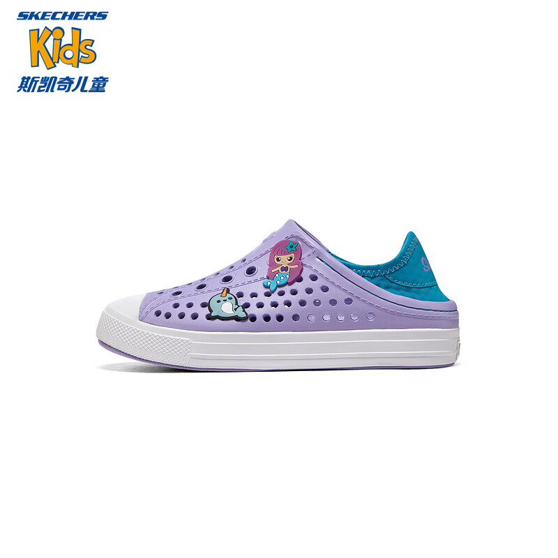 Skechers斯凯奇儿童鞋一脚蹬包头凉鞋夏季男女洞洞鞋中大童沙滩鞋308310L 女童/薰衣草色/浅绿色/LVAQ 30