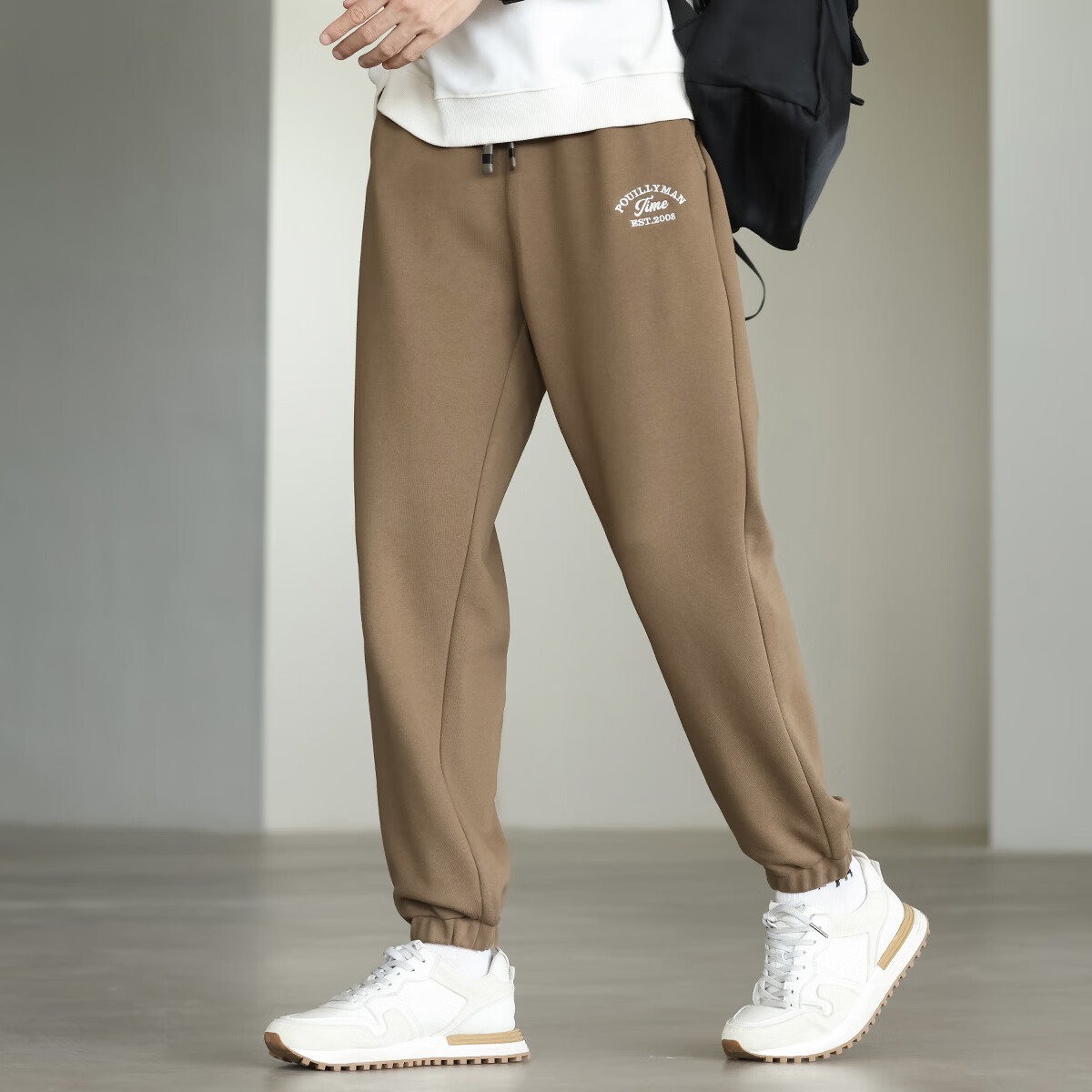 布衣传说微阔束脚裤松紧腰抽绳针织休闲裤卫裤男长裤男式休闲裤 卡其 XL