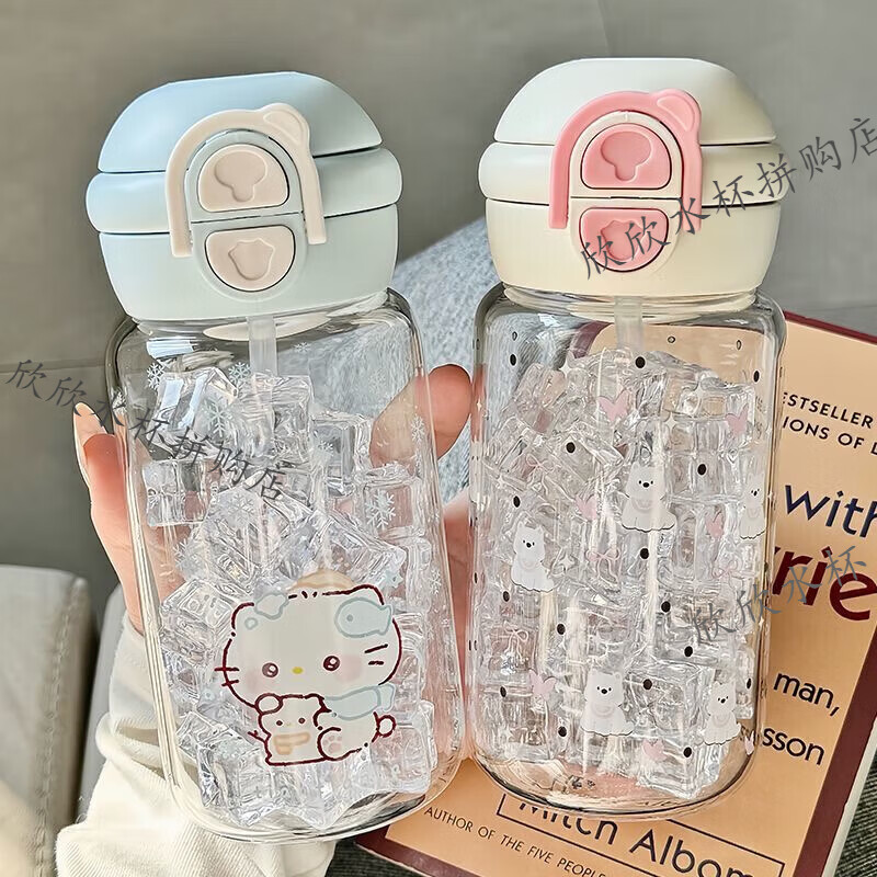 儿童水杯塑料实用卡通可爱双饮口女高颜值耐摔便携家用男吸管学生 白色点点 500ml 【PC材质】耐高温