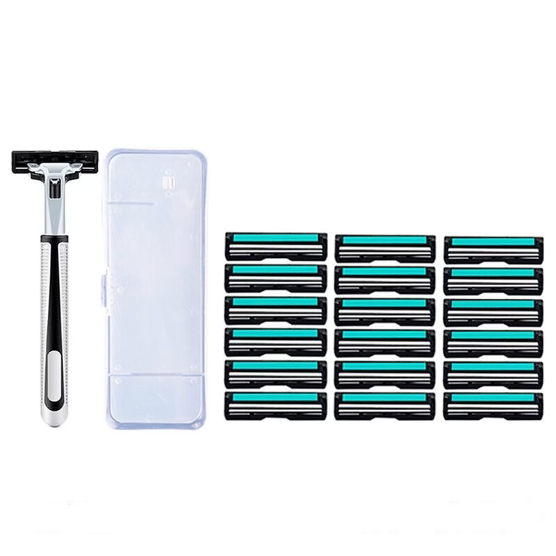 【现货现发】手动剃须刀片通用男士便携式双层刮胡刀头二配件水洗 1刀架+18双层刀片+刀架盒 双层 京东折扣/优惠券