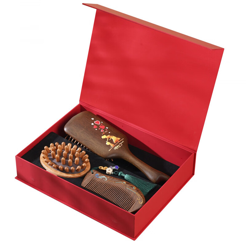 谭木匠檀木梳礼盒装实用精品梳子三件套订婚伴手礼节日送长辈礼品梳 谭木匠彩绘荷花气囊+经络刷-东方梳礼套装