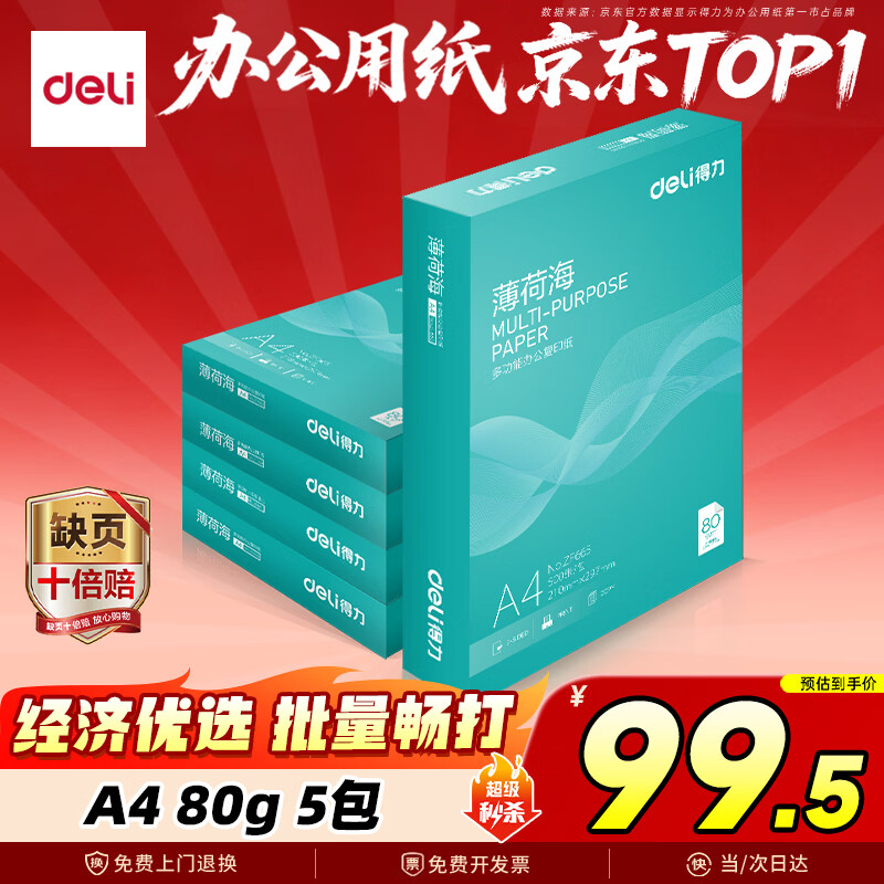 得力（deli）薄荷海A4打印纸 80g500张*5包一箱 加厚双面复印纸 高性价比草稿纸 整箱2500张【集采推荐】