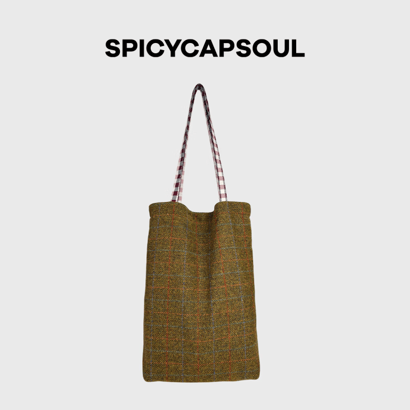 SPICYCAPSOUL【费尔岛】池金物原创双面羊毛呢子格纹单肩布袋托特包 【费尔岛】