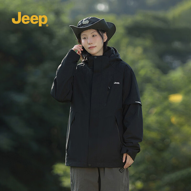 JEEP男装秋冬季新品男士户外运动三合一冲锋夹克上衣休闲连帽加绒外套 黑色 /抓绒内胆 4XL