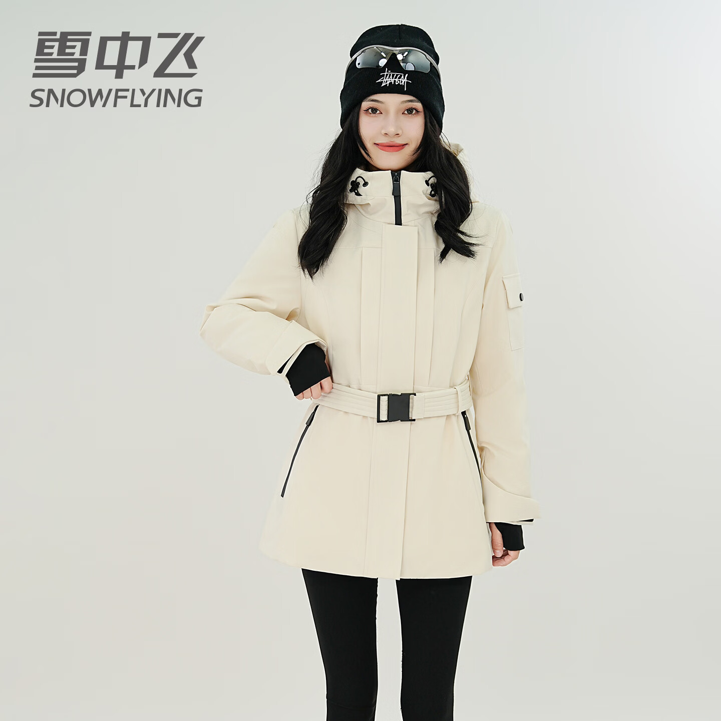 雪中飞工装派克羽绒服女中长款2025年新款时尚收腰气质百搭冬季保暖外套 米白色 M （105斤以内）