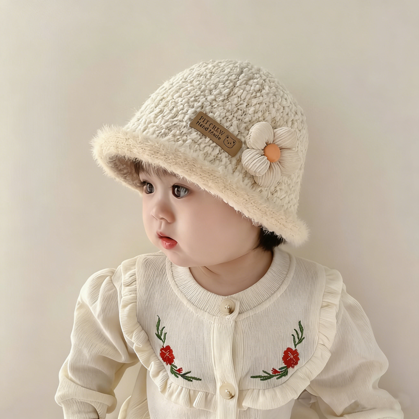 心楠儿童帽子秋冬女童渔夫帽韩版保暖毛线帽宝宝针织毛绒水桶帽潮 米色【适合头围46-50cm】